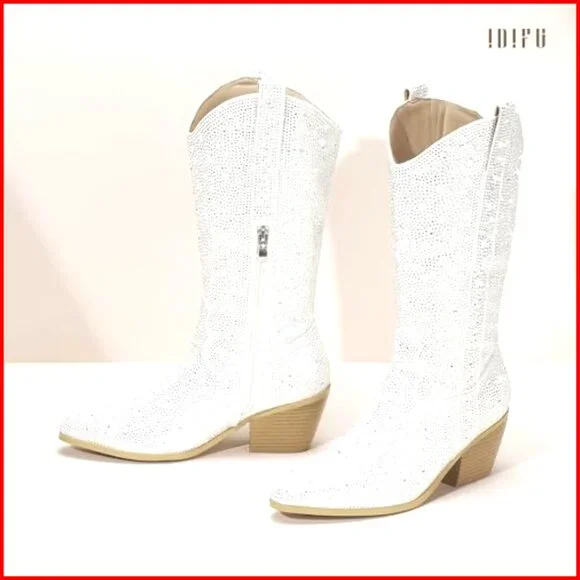 Rhinestone Cowboy Boots Mid Calf Western Sparkly Block Heel Zipper - Picture 3 of 7